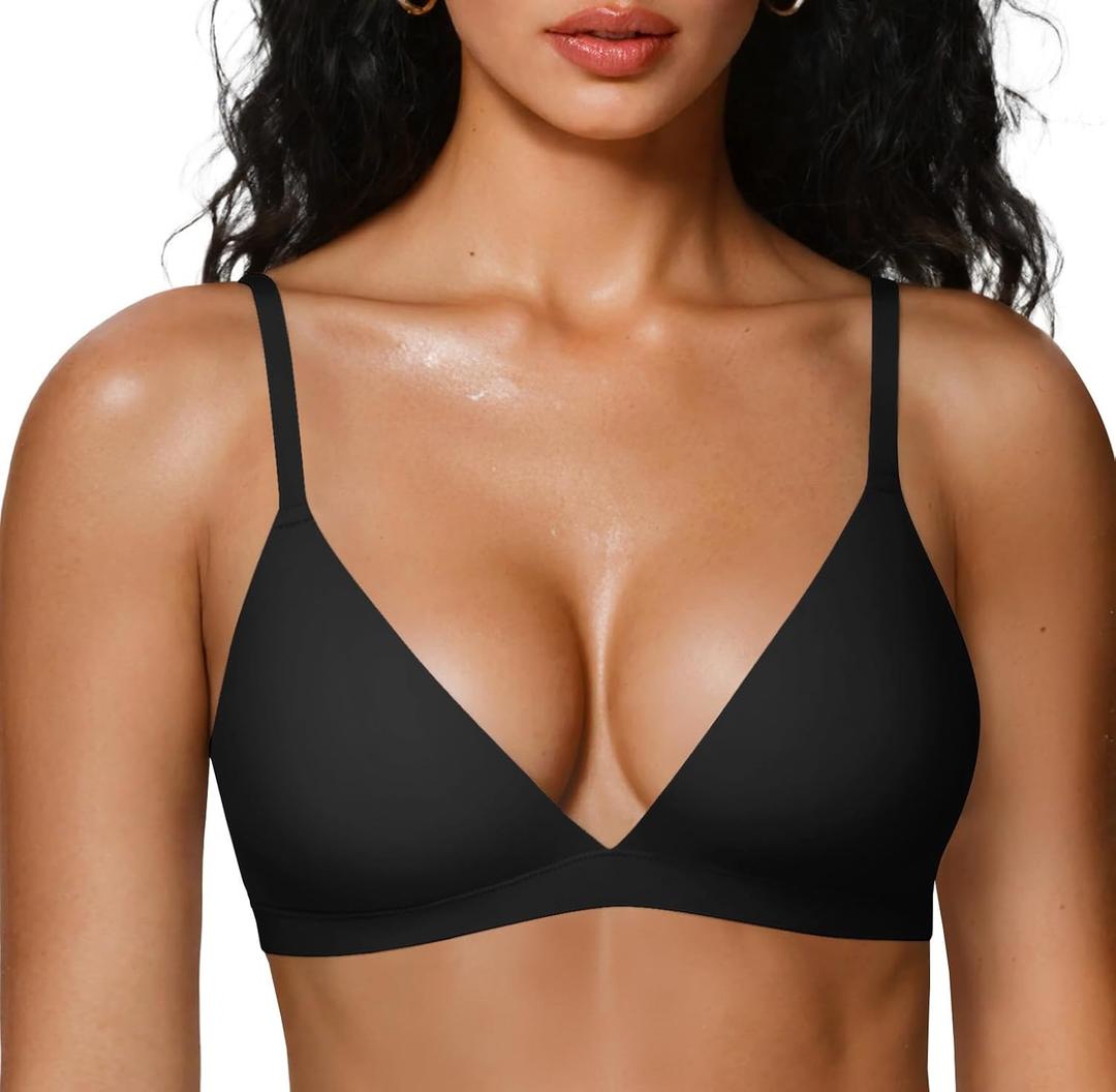 OEAK Womens Comfortable Triangle Bras No Underwire Sexy Plunge Unlined Bralette Pull On Bra Seamless Everyday Tshirt Bras (Small, Black)