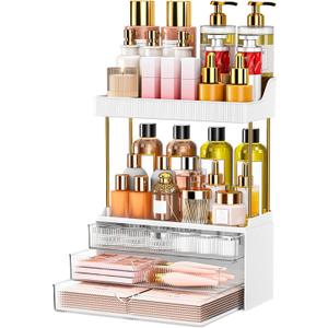 Caktraie 12.2" W Makeup Organizer Drawers 5 Tiers Bathroom Counter Organizer, Cosmetic Storage Drawer for Dresser Countertop and Bathroom Vanity for Large Skincare, Perfume, Clear