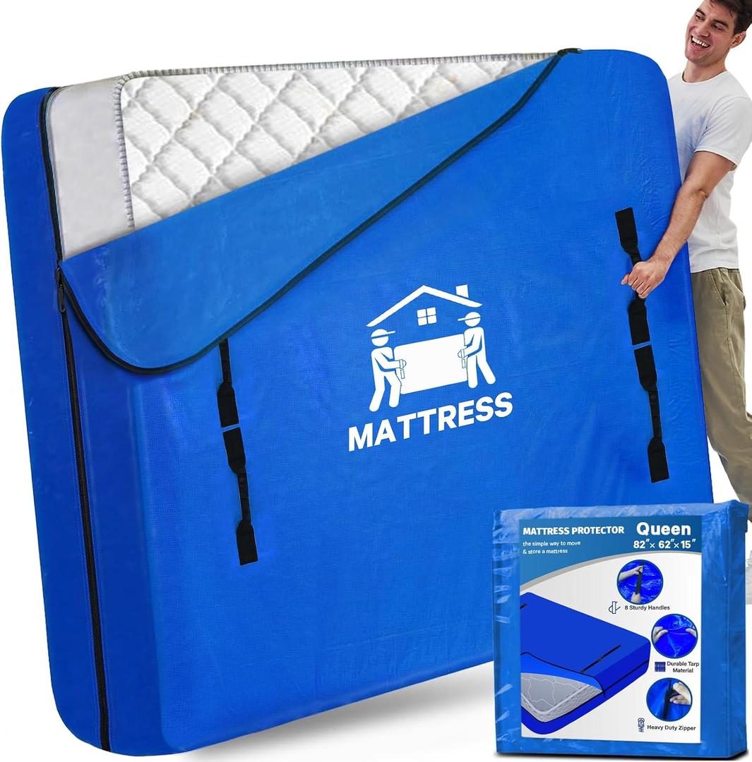 Mattress Bags for Moving, BETU Mattress Protector Waterproof Mattress Cover Queen Size Storage Bags with 8 Heavy-Duty Handles and Zipper for Bed Extra Thick Large Reusable (82"x62"x15" Blue)
