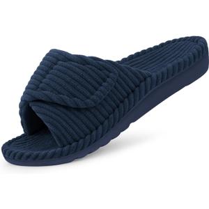 Litfun Orthopedic Slippers for Women Arch Support Indoor House Slippers Adjustable Open Toe Corduroy Bedroom Shoes with Memory Foam for Plantar Fasciitis (8-8.5, Blue)