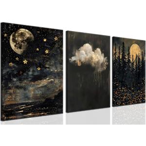 Mysterious Dark Melancholic Clouds Wall Art Dark Moon and Stars Abstract Gothic Vintage Painting Artwork Forest Pine Tree Yellow Flowers Poster Print For Living Room Bedroom Dining Room Home Decor 16x12 Inch (16L"x12W")