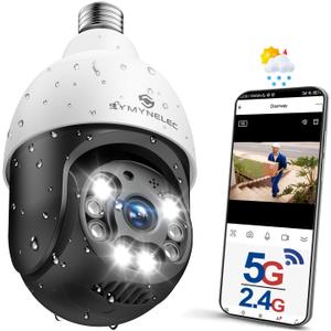 SYMYNELEC 5GHz/2.4GHz Light Bulb Security Camera Outdoor Waterproof 2.5K, Dual-Band WiFi Light Socket Security Camera with AI Human Motion Detection Tracking 4MP Color Night Vision Siren Alarm Alexa (Black&White 1 Pack)