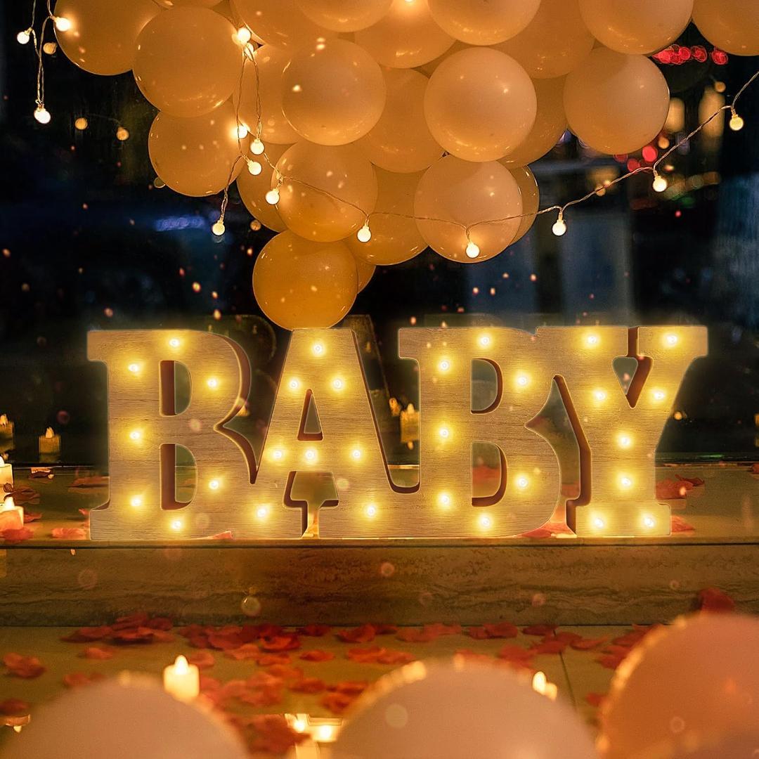 16.95.71.2IN Wooden LED BABY Light Up Letter Baby Marquee Light Up Letter, Warm White Baby Letters for Baby Shower Baby Sign Perfect for Baby Shower, Home Bedroom Nursery Table Wall Decor