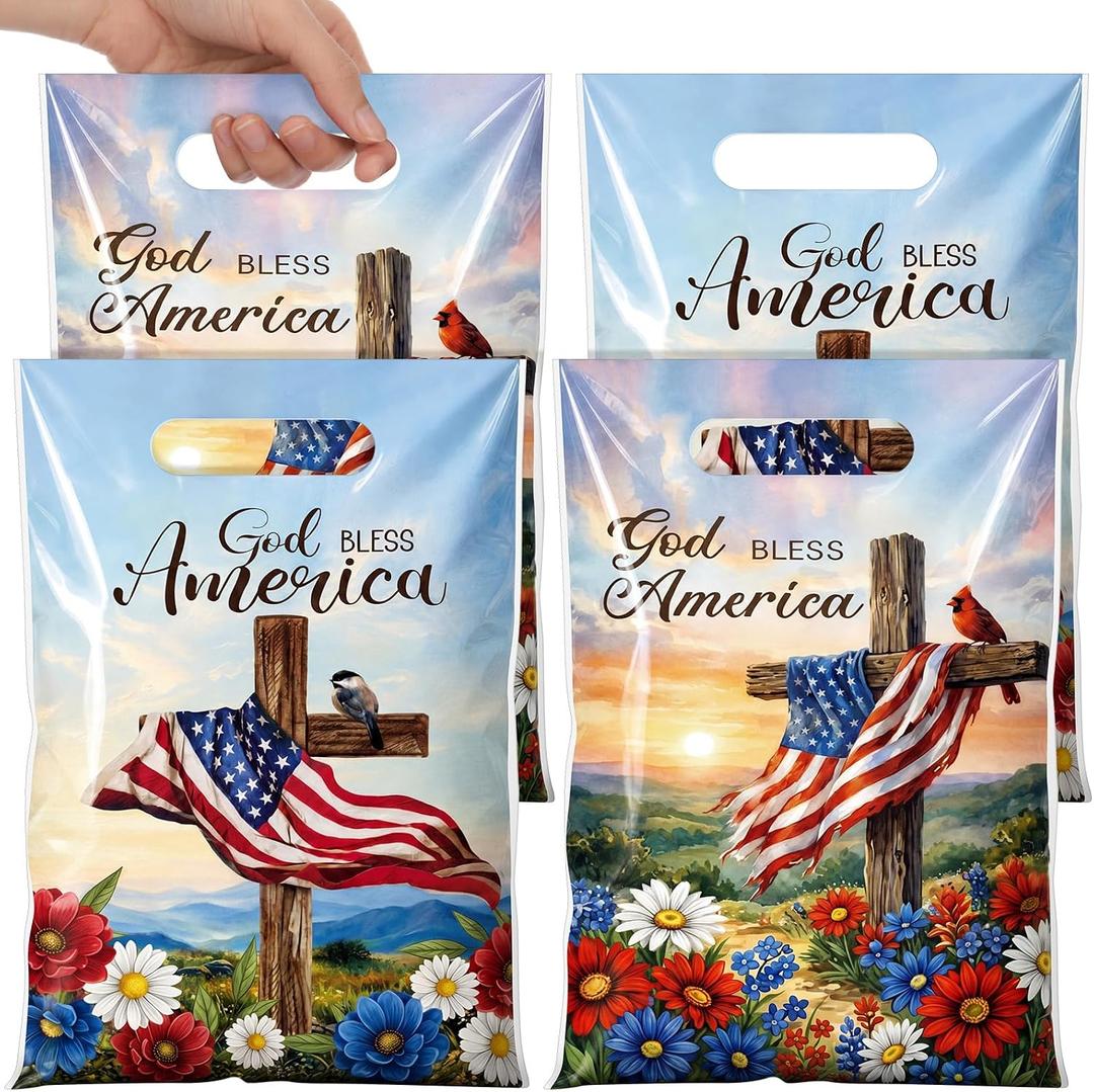 2 x Teenyyou 60 Pcs Patriotic Treat Bags Plastic God Bless America Bags Religious Cross American Flag Floral Goody Handbags Bulk for 4th of July Church Party Favors Independence Day Supplies, 1 Count