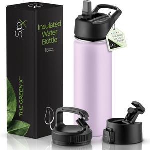 SipX 18 oz Insulated Water Bottle with 3 Lids  Leakproof Stainless Steel, Triple Insulated  Cold 24 Hours/Hot 12 Hours  Durable Bottle for School, Gym, Travel  Purple