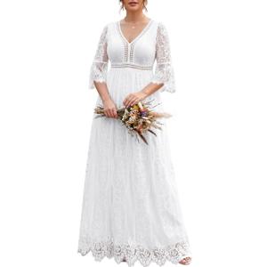 Plus Size Wedding Dress Boho - Maxi Bridal Shower Bohemian Formal Lace Long Dresses (White), 18 Plus