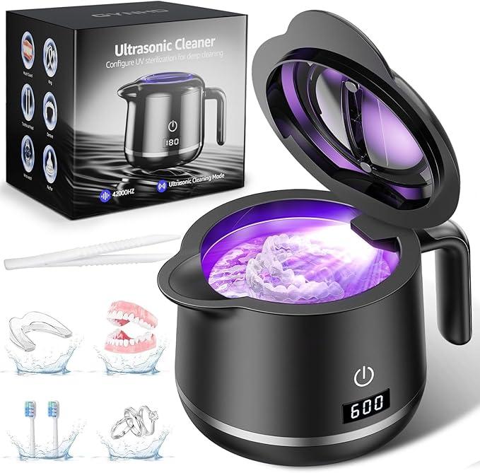 GYNHD Dental Ultrasonic Retainer Cleaner Machine: Dental Cleaning Pod for Denture/Mouth Guard/Aligner/Night Guard/Braces/Toothbrush Heads/Jewelry  45kHz Retainer Cleaner with Digital Timer & 200ML