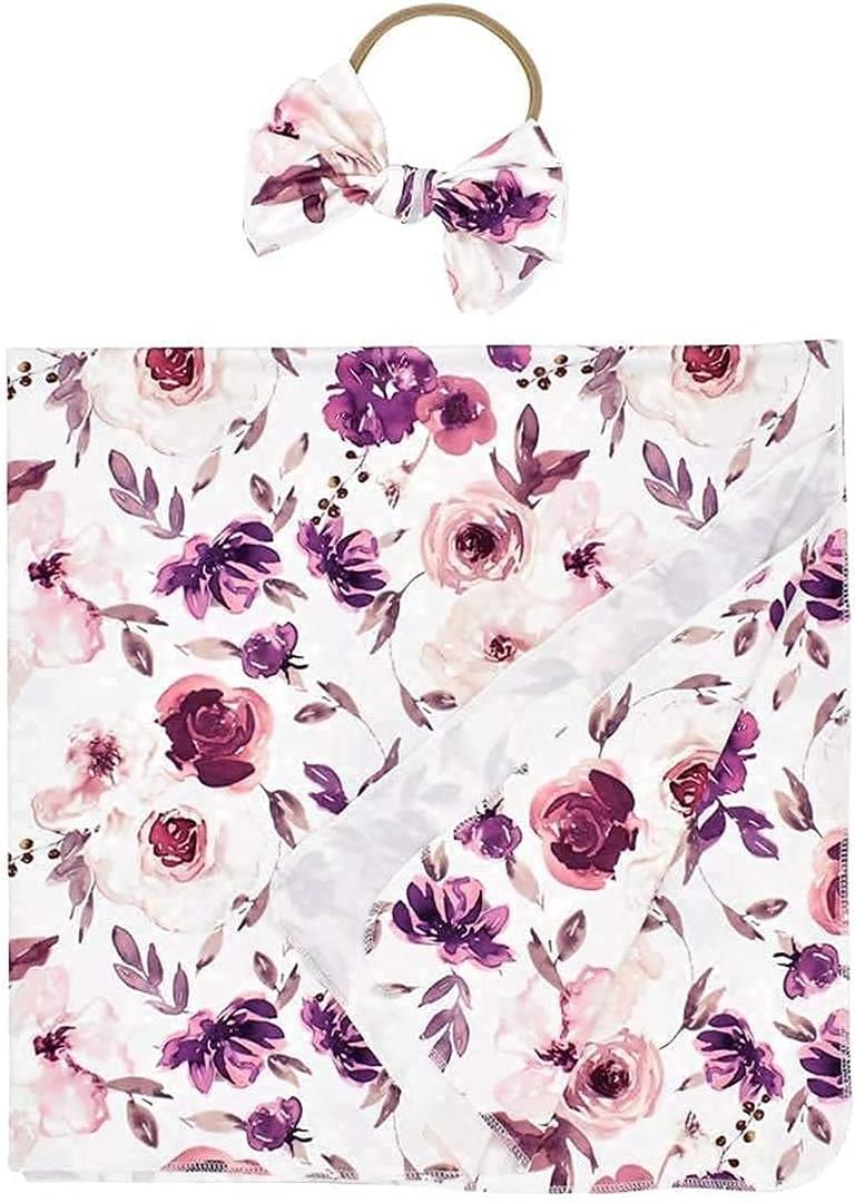 Baby Swaddle Blanket Newborn Girl Swaddle and Headband Set Purple Flowers Floral Print Wrap Shower Gift