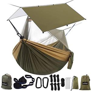 Sunyear Hammock Camping with Rain Fly Tarp and Net, Portable Camping Hammock Double Tree Hammock Outdoor Indoor Backpacking Travel & Survival, 2 Tree Straps,100% Waterproof