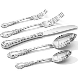 KINGSTONE Vintage Carved Silverware Set, 60-Piece 18/10 Stainless Steel Flatware Cutlery Set with Retro Royal Thick Handle, Tableware Utensils for Home, Restaurant, party, Wedding, Dishwasher Safe