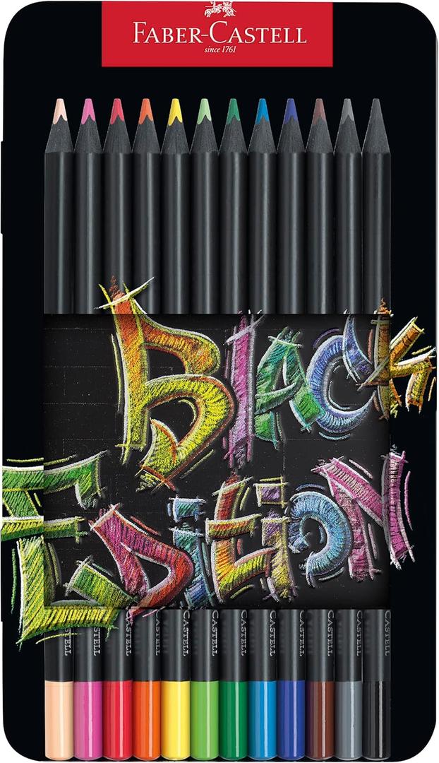 Faber-Castell Black Edition Colored Pencils Tin: 12 Count, Black Wood and Super Soft Core Lead, Colored Pencils for Adult Coloring Books, Professional for Beginners