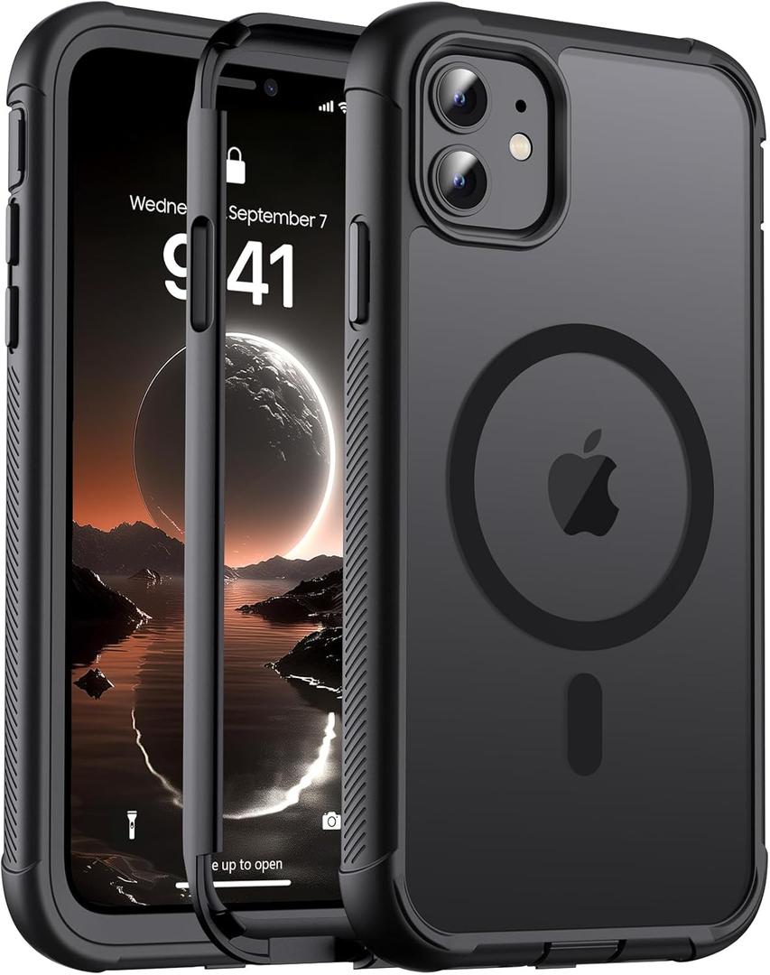 jaroco Magnetic for iPhone 11 Case, [Compatible with MagSafe][Military Grade Drop Protection][Heavy Duty Protection][Non-Slip][Shockproof] 2-Layer Durable Bumper Phone Case 6.1''-Black