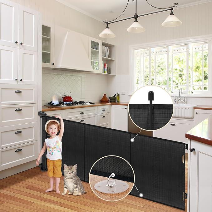 Retractable Baby/Dog/Pet/Cat Gates - 71" Extra Wide Mesh, 34" Tall, Double Lock Safety, Indoor/Outdoor - Black