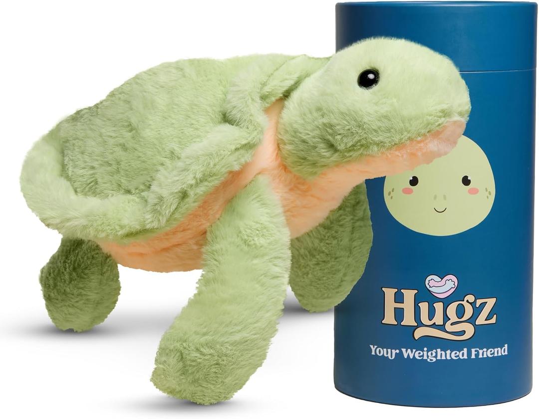 Hugz Official Shelly The Turtle - Premium Weighted Stuffed Animal Plushie 3.8 lb for Adults & Kids - Microwavable Heatable & Coolable Super Soft Fur Gift Ready Tube Packaging