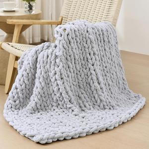 Bigacogo Chunky Knit Throw Blanket for Couch, 40x40 inches, 100% Hand Knitted with Thick Jumbo Chenille Yarn, Cozy Soft Large Rope Knot Cable Crochet Blankets for Sofa Bed Living Room, Light Grey
