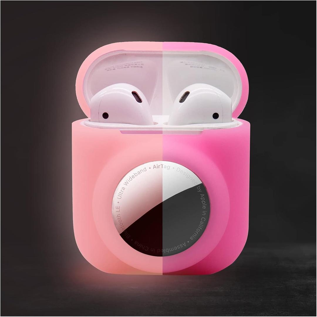 Compatible for Airpods 1st 2nd Case with Airtag Holder,Glow in The Dark,2 in 1 Cover Skin for Airpod for Airtag Combo,Anti-Scratch Anti-Fall Anti-Lost,Glow Pink