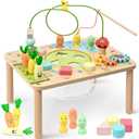 wingyz Activity Table, 6 in 1 Wooden Montessori Activity Center with Bead Maze Shape Sorter Fishing Game, Kids Sensory Play Table Toddler Toys 1st Birthday Gifts Boy Girl(Morandi-Square)