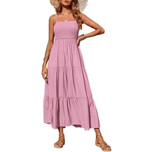 PRETTYGARDEN Women's Summer Maxi Dress 2025 Casual Boho Sleeveless Spaghetti Strap Smocked Tiered Long Beach Sundresses (Pink), S