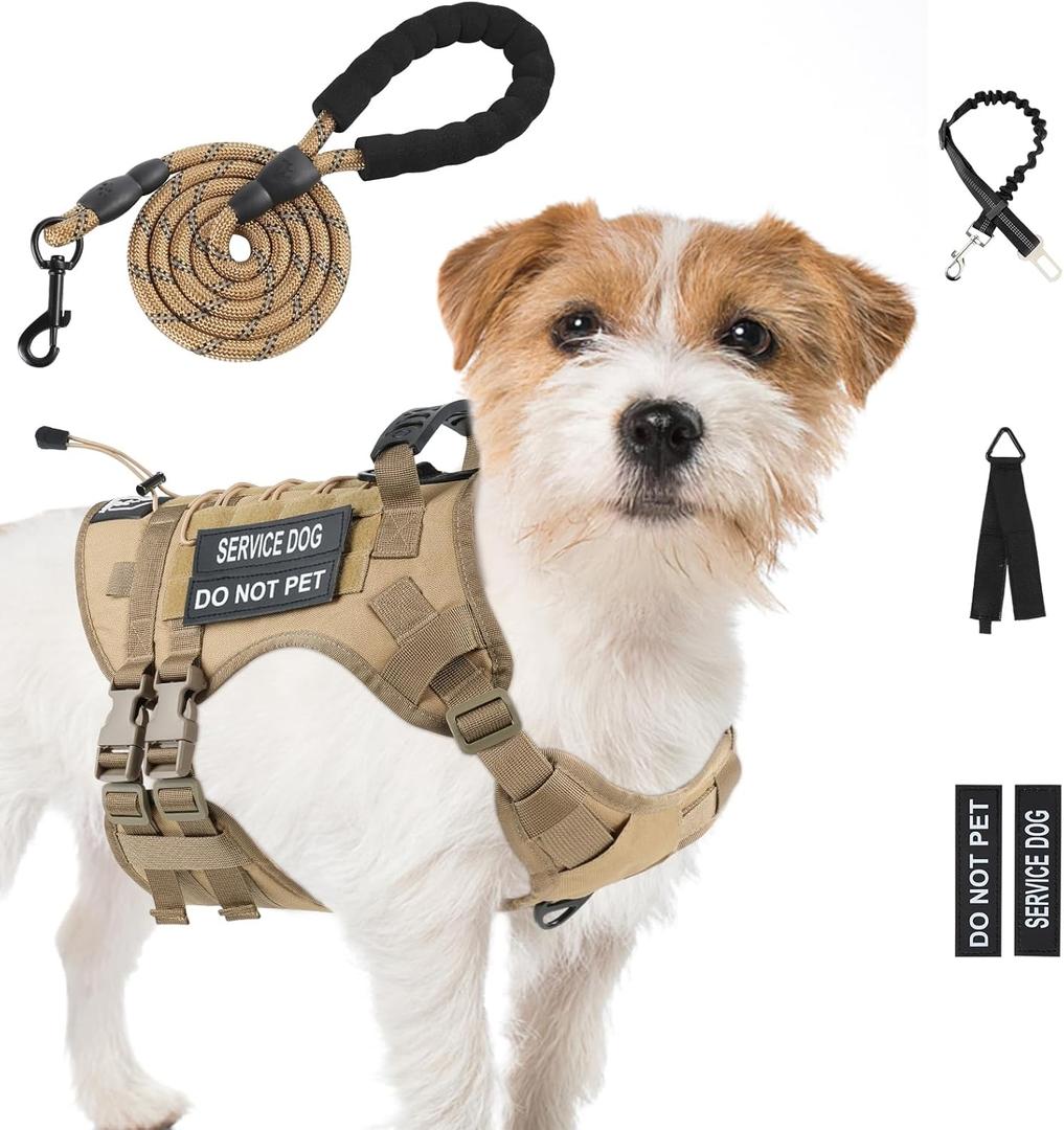 No Pull Tactical Dog Harness for Small Dogs, Escape Proof Molle Dog Vest Harness and Leash Set, Adjustable Military Service Dog Harness with Handle for Dogs(Brown, Small)