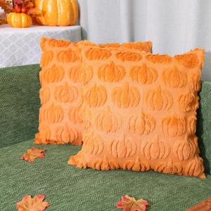 2 x Autumn Pumpkin Pillow Covers 18x18 Set of 2 Fall Thanksgiving Halloween Decorations Indoor Throw Pillow Case Soft Plush Faux Wool Cushion for Couch Sofa Bed Living Room (Orange Pumpkin)