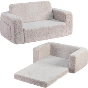 BEJOY Kids Sofa Extra Wide 2 in 1 Toddler Sherpa Couch Fold Out Convertible into a Cot Bed or Lounger for Girls and Boys Light Grey 