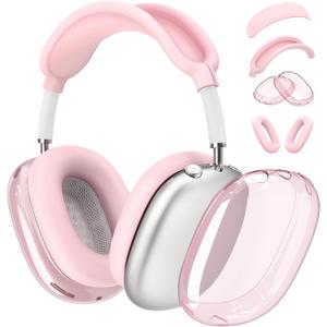 【4 in 1】 Set for Apple AirPod Max Case Cover, Anti-Scratch Ear Pad Covers/ Ear Cups Cover/ Headband Cover, AirPod Max Covers Accessories for Apple AirPods Max (2020 Lightning / 2024 USB-C)-Clear Pink
