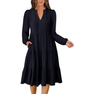 ANRABESS Long Sleeve Midi Dresses for Women V Neck 2025 Fall Fashion Casual Loose Fit Flowy Swing Tiered Vacation Boho Dress XL