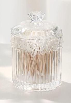 1 Pack Qtip Holder Glass Apothecary Jars with Lids Bathroom Accessories Vanity Organizers and Makeup Storage Canister for Cotton Swabs, Balls, Pads, Floss Picks, Candy, Clear