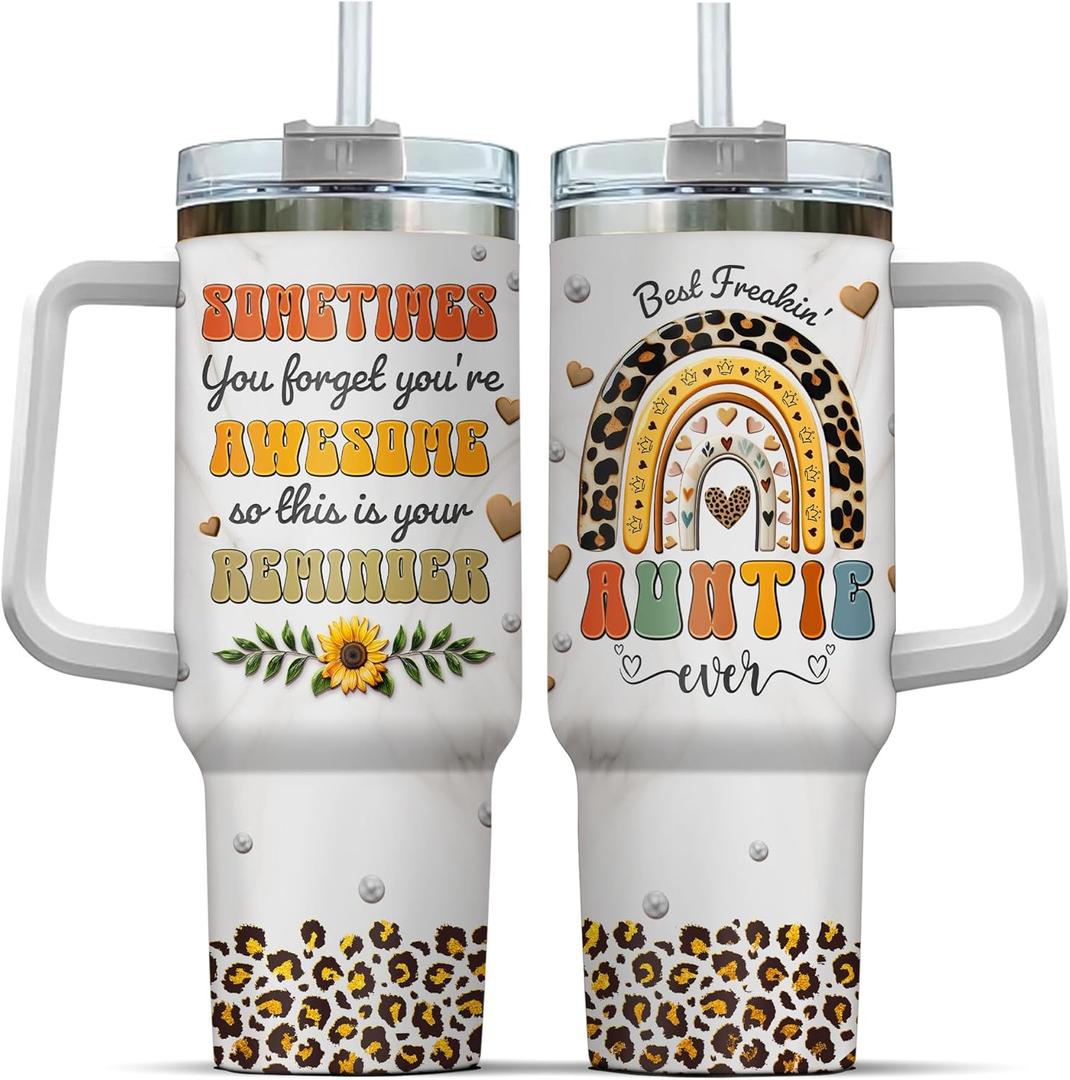 Tumbler 40 Oz With Handle Lid And Straw, Auntie Rainbow Leopard, Rainbow Travel Coffee Mug Cup, Aunt Gifts, Cups For Black Gift Daisy Print Ever Handle Coffee Best Heart