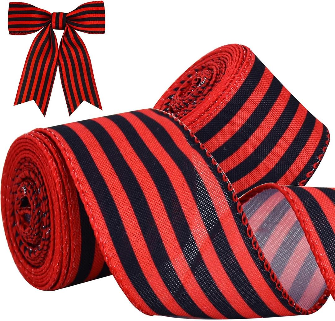 TONIFUL 2 Rolls-2 Inch Red and Black Striped Wired Ribbon,Red and Black Stripe Wired Ribbon for Gift Wrapping, Indoor, Bows Making, Wedding Birthday Party Decoration (6yds/roll)