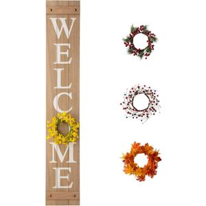 Glitzhome Wooden Welcome Sign for Porch Front Door Rustic Farmhouse Style Hanging Standing Porch Outdoor with Changable Wreathes, 60" H, Natural