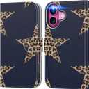 DEENAKIN for iPhone 16 Wallet Case with Card Holder + Cash Clip, RFID-Blocking, Military-Grade Drop Protection & UV-Printed Artwork, Magnetic Closure with Leather Kickstand - Leopard Star