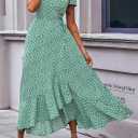 PRETTYGARDEN Women's Boho Floral Maxi Dress Summer Short Sleeve Wrap V Neck Long Flowy Beach Vacation Wedding Guest Dresses (Green, XL)