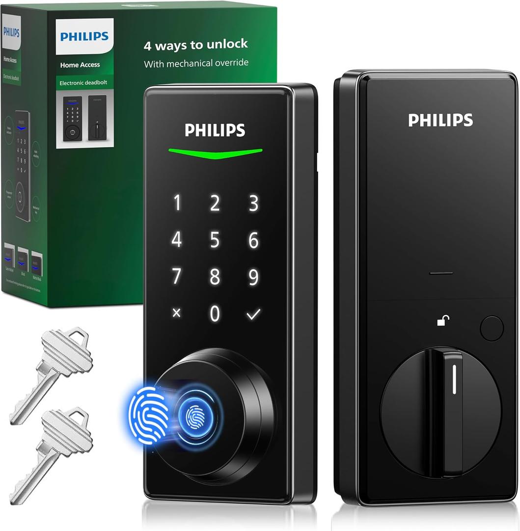 Philips Fingerprint Keyless Entry Door Lock, Electronic Door Lock with Touchscreen, Long-Lasting Battery, Auto Locking, One-Time Code, Keypad Deadbolt, One-Touch Locking, Matte Black