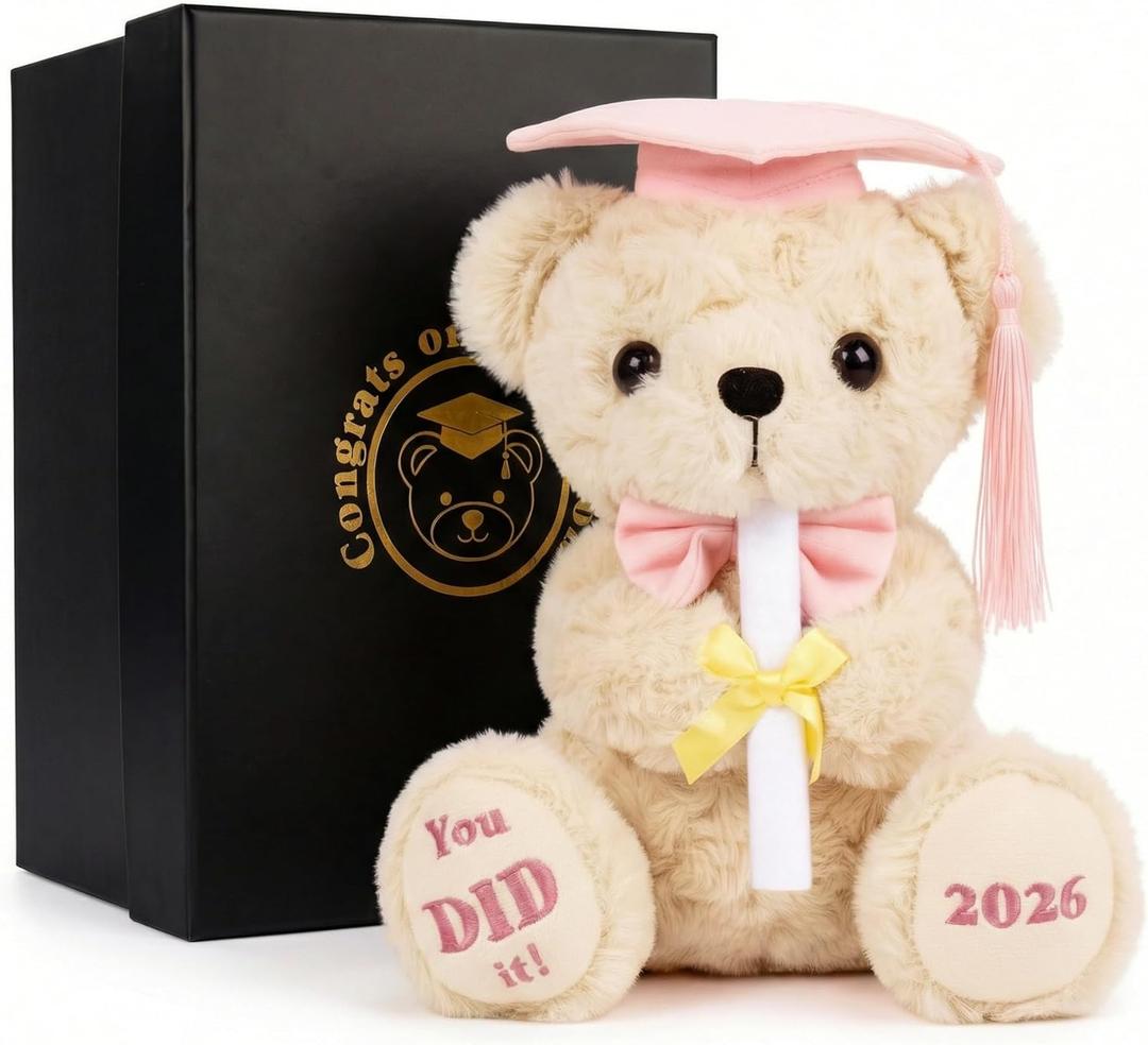 Pink Graduation Bear 2026 with Gold-Stamped Gift Box, 8 Inch Cute Graduation Stuffed Animal for Girls, Soft You DID It Teddy Bear with Pink Cap & Diploma, Class of 2026 Gift for Her
