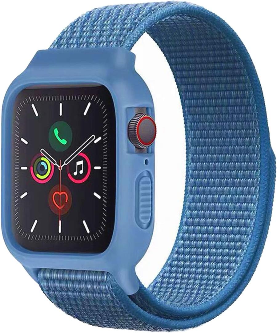 Nylon Sport Band with Case Compatible with Apple Watch Band 46mm 45mm 44mm 42mm, Protective Silicone Bumper Case with Sport Strap for Series 10/ 9/ 8/ 7/ 6/ 5/ 4/ SE2/ SE for Small Wrists Women Men, Capeblue
