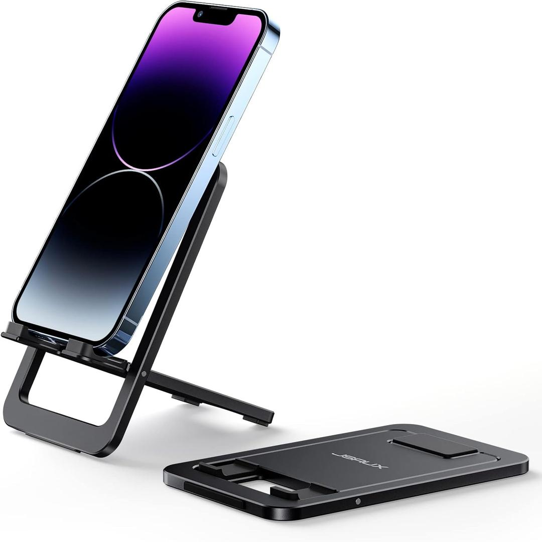 JSAUX Cell Phone Stand, Foldable Aluminum Adjustable Phone Holder for Desk Portable Travel Essentials Office Accessories for iPhone 17 16 15 14 13 Pro Max Samsung S25 S24 S23 Ultra Kindle-Black