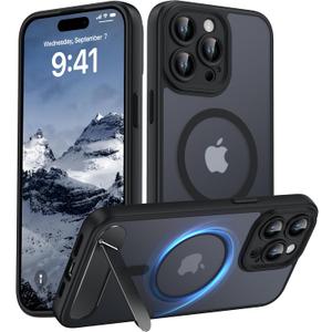Magnetic Compatible with iPhone 15 Pro Max Case, [Built-in Kickstand][Full Camera Protection][Compatible with MagSafe][Anti-Fingerprint] Shockproof Phone Case for iPhone 15 Pro Max 6.7",Black
