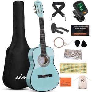 ADM Beginner Acoustic Classical Guitar 36 Inch Nylon Strings Wooden Guitar Bundle Kit for Kid Boy Girl Student Youth Guitarra Online Lessons with Gig Bag, Strap, Tuner, Strings, Picks, Socal Green