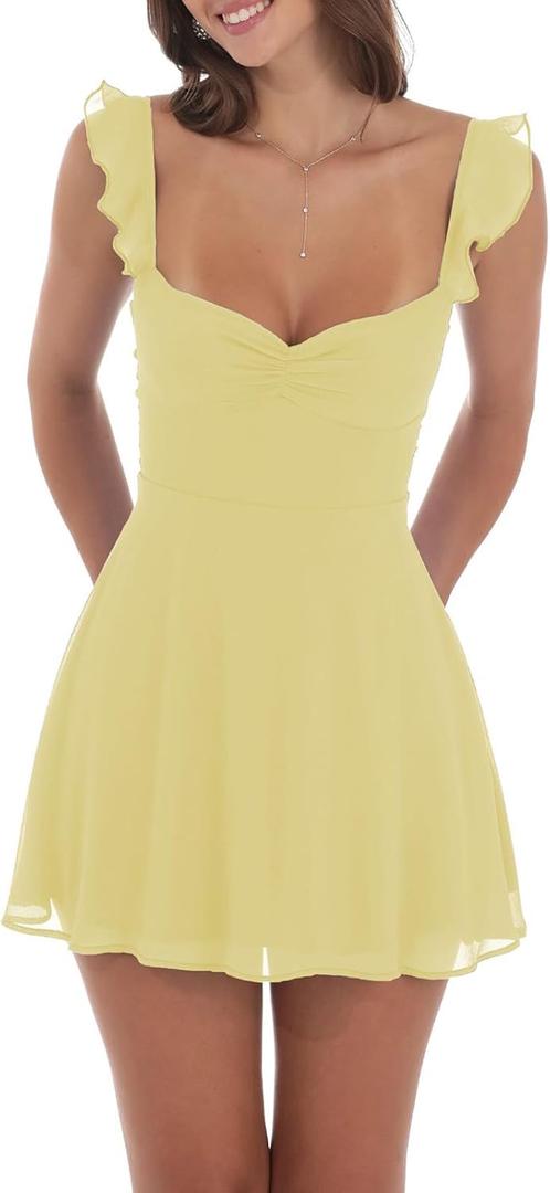 Women Y2k Graduation Mini Dress Ruffle Hem Lace Short Dress Flowy A Line Tie Back Dresses Teen Girl Party Clubwear, Yellow, Small