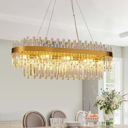 PAFEE 35.4" Brushed Gold Rectangular Crystal Chandelier for Dining Room