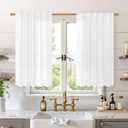 BGment White Linen Kitchen Curtains 40 Inch Length for Short Windows, Semi Sheer Drapes Light Filtering with Rod Pocket and Back Tab for Bathroom Over Sink, 2 Panels Set, 42 X 40 Inch