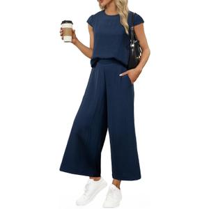 EVALESS Women's Summer 2 Piece Outfits Fashion 2025 Cap Sleeve Top and Wide Leg Pants Matching Set Vacation Outfits (Large, Navy Blue)