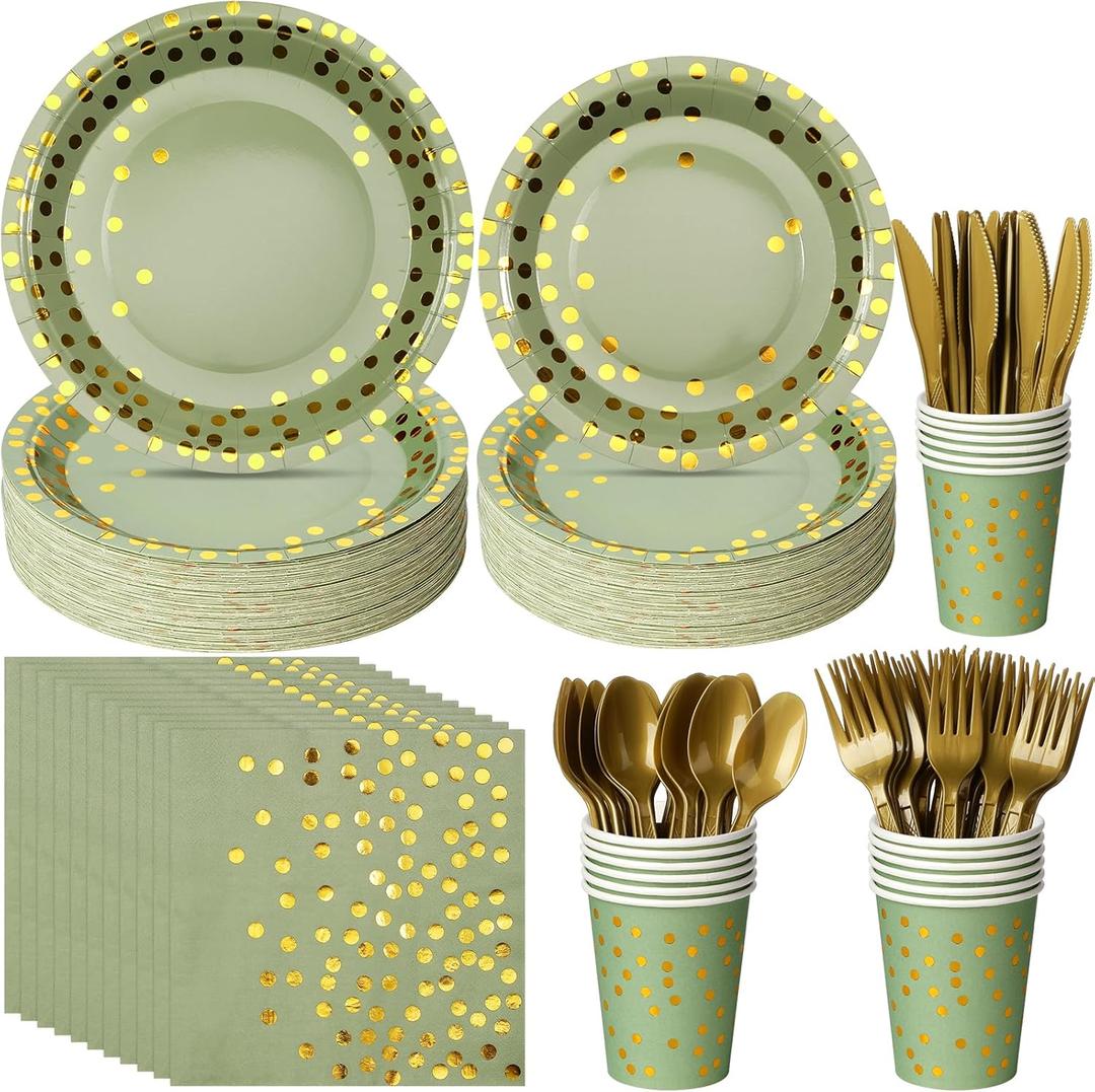 175pcs Sage Green Paper Plates and Napkins Set, Disposable Sage Green and Gold Polka Dot Party Plates Cups For Baby Shower Birthday Wedding Party Supplies and Decorations, Serve 25