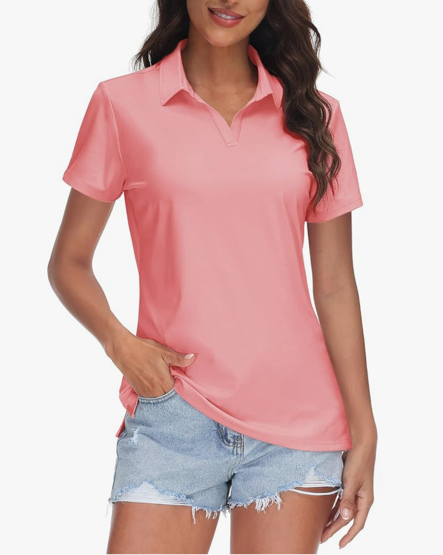 TACVASEN Women's V-Neck Polo Shirts UPF 50+ Short Sleeve Sun Protection Quick Dry Golf Polos Collared Shirt, S-M