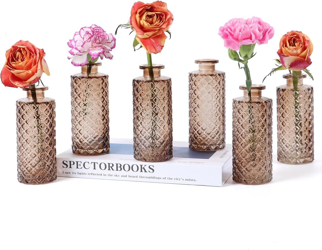 BIGIVACA Set of 6 Glass Bud Vases in Bulk,Small Amber Bud Vases,Vintage Flower Vases for Centerpieces,Rustic Wedding,Home,Table Decor (Amber 2)