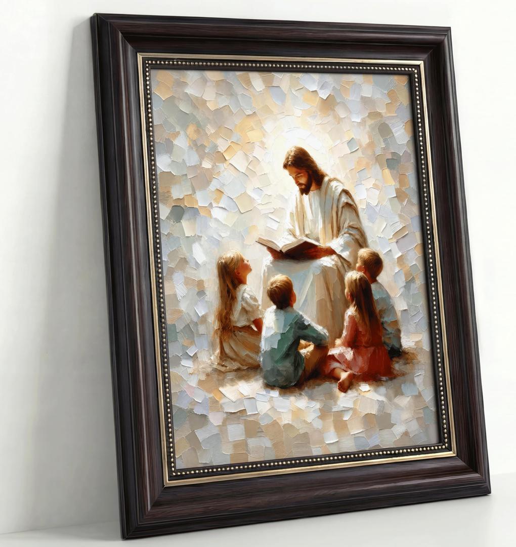 Dark Brown Framed Jesus Teaching Kids Canvas Wall Art Christian Children Room Wall Decor Picture Children Of God Watercolor Poster Print for Kids room living room bedroom home decoration