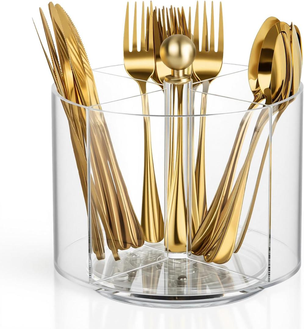 360 Rotating Acrylic Utensil Caddy, Silverware Caddy Countertop, Flatware Cutlery Holder with 4 Compartment