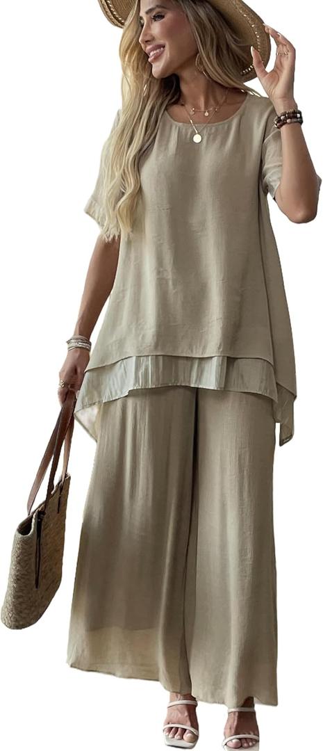Women's 2 Piece Outfits Flowy Ruffle Tops Palazzo Pants Suits Elegant Casual Dressy Two Piece Linen Sets, Large