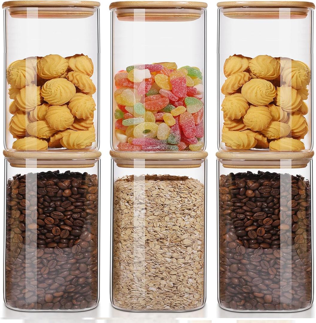 50oz Glass Food Storage Jars Set of 6,Glass Storage Containers Clear Glass Food Canister with Bamboo Lid Airtight For Serving Tea, Coffee, Flour, Sugar, Candy, Cookie, Spice and More (Square)